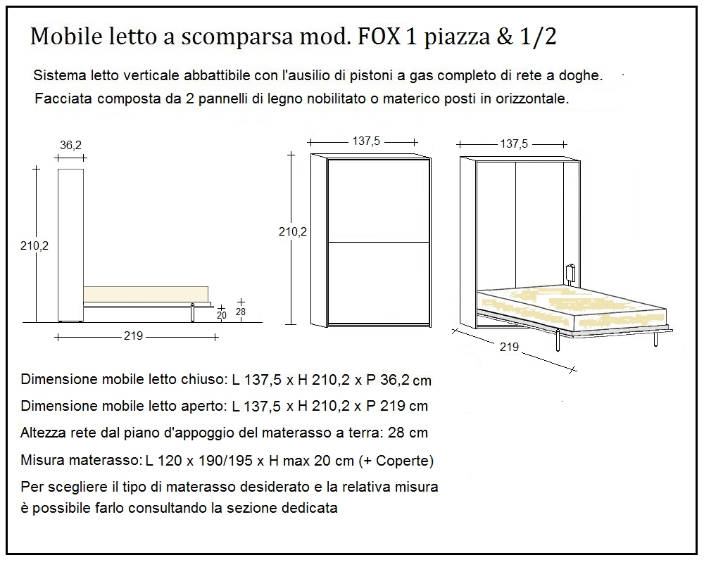 scheda tecnica letto a scomparsa letti una piazza e mezza fox