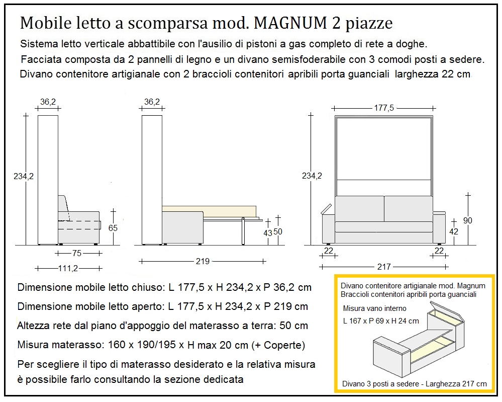 scheda tecnica letto a scomparsa letti due piazze magnum
