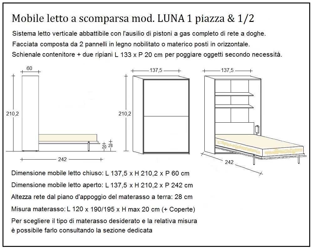 scheda tecnica letto a scomparsa letti una piazza e mezza luna