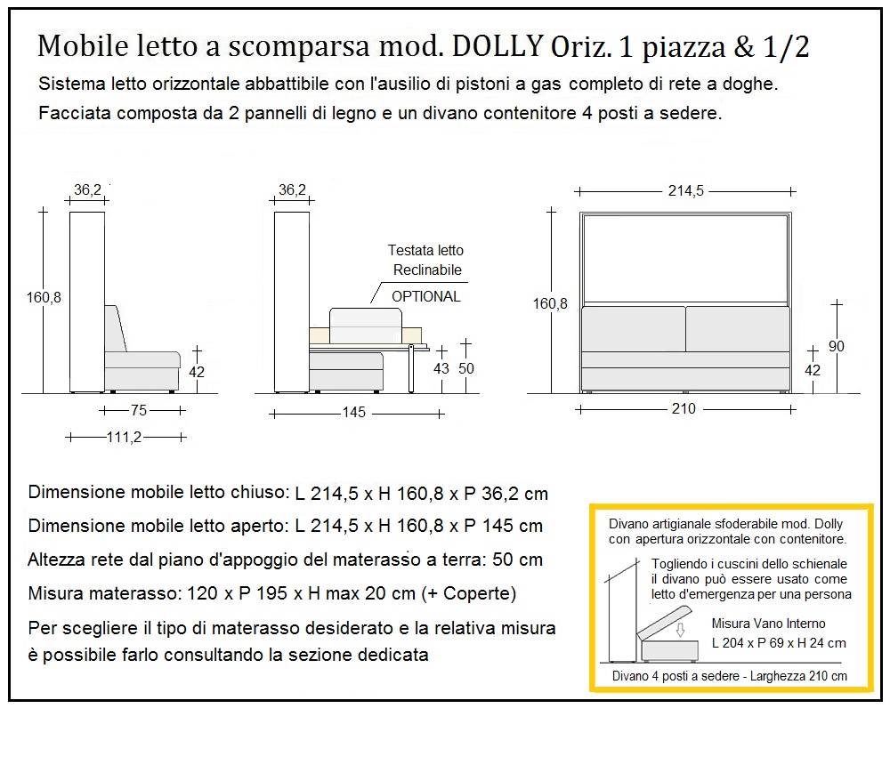 scheda tecnica letto a scomparsa letti una piazza e mezza dolly orizzontale