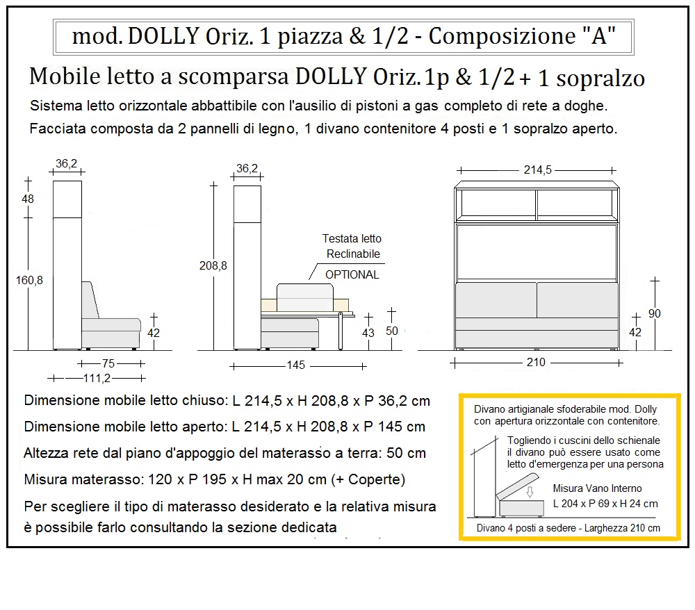 scheda tecnica letto a scomparsa letti una piazza e mezza dolly orizzontale composizione a