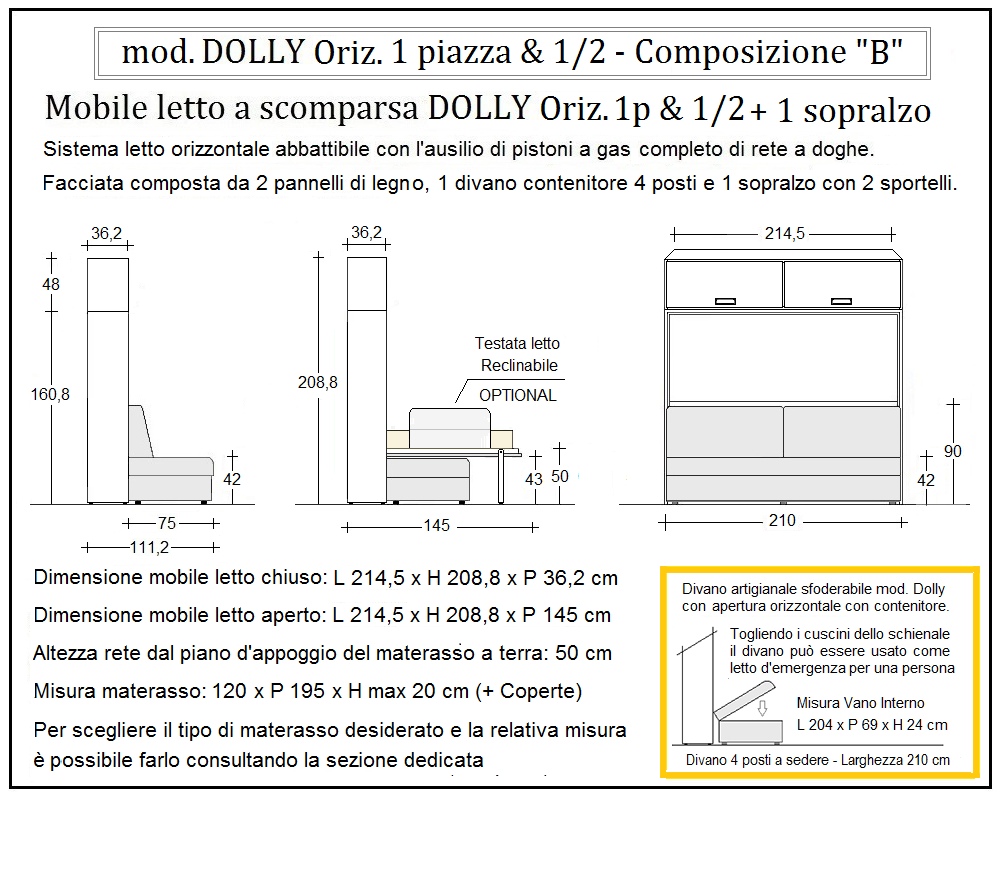 scheda tecnica letto a scomparsa letti una piazza e mezza dolly orizzontale composizione b