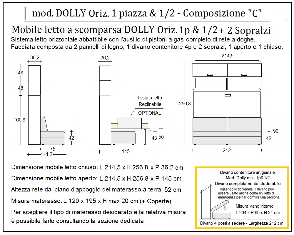 scheda tecnica letto a scomparsa letti una piazza e mezza dolly orizzontale composizione c