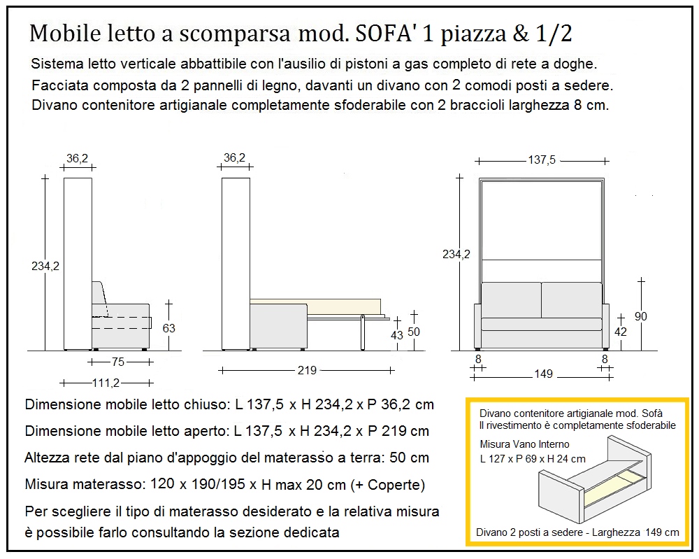 scheda tecnica letto a scomparsa letti una piazza e mezza sofà