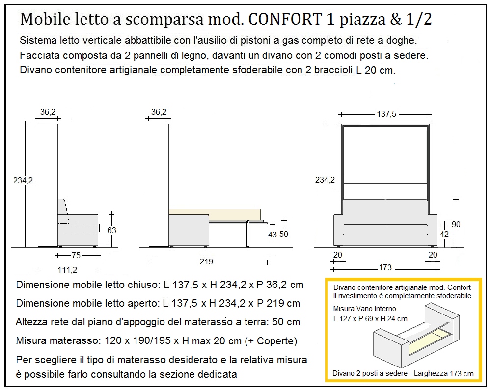 scheda tecnica letto a scomparsa letti una piazza e mezza confort