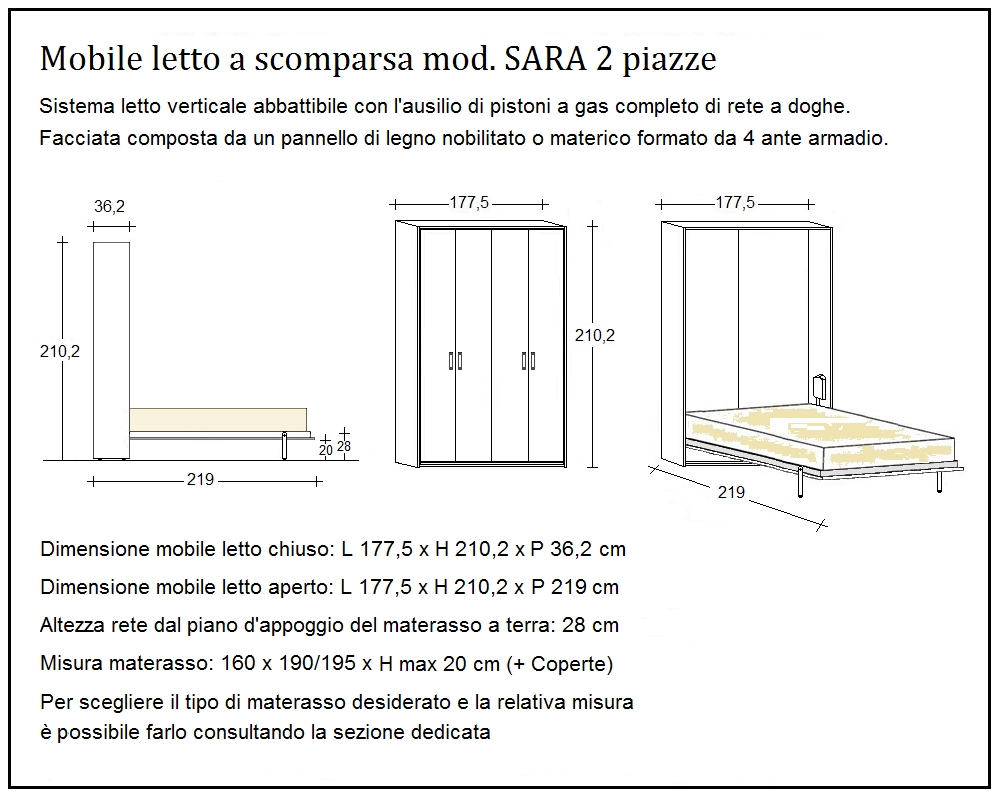 scheda tecnica letto a scomparsa letti due piazze sara