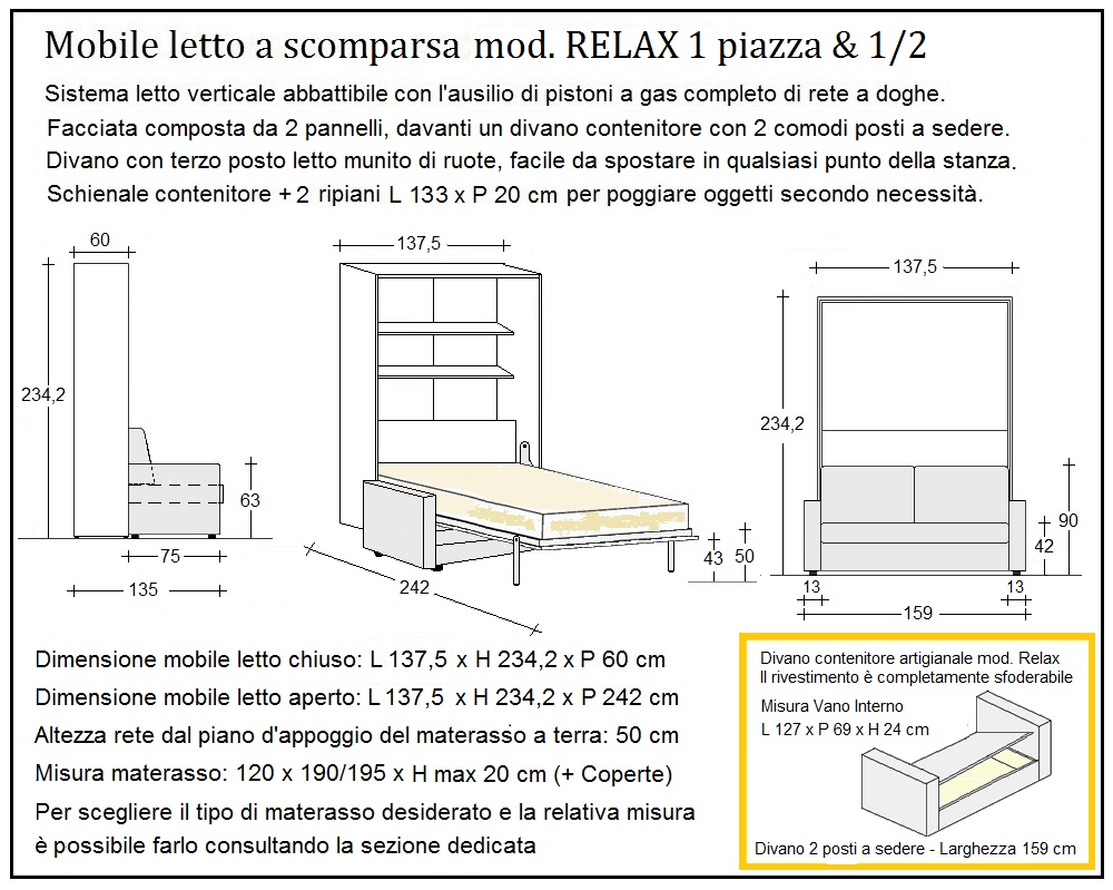 scheda tecnica letto a scomparsa letti una piazza e mezza relax