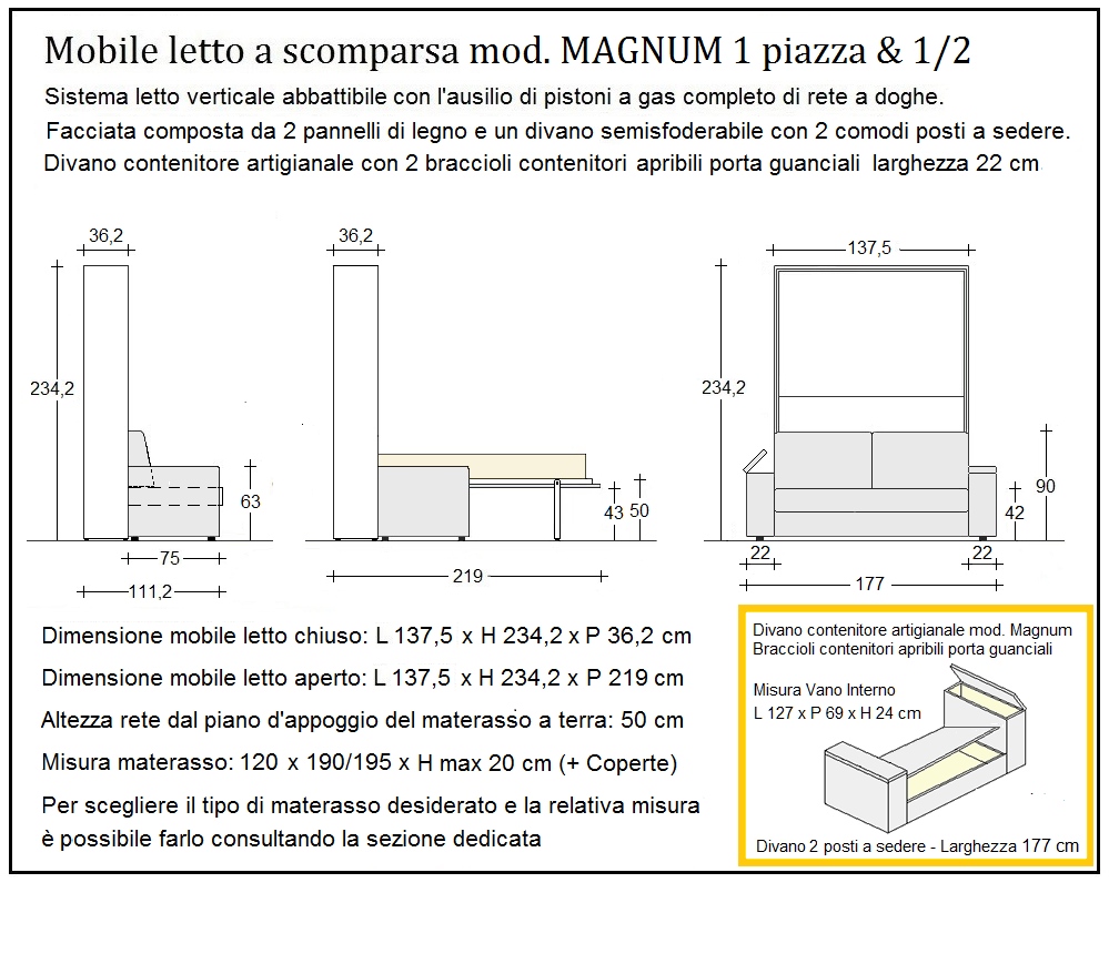 scheda tecnica letto a scomparsa letti una piazza e mezza magnum 