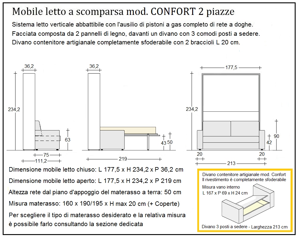 scheda tecnica letto a scomparsa letti due piazze confort