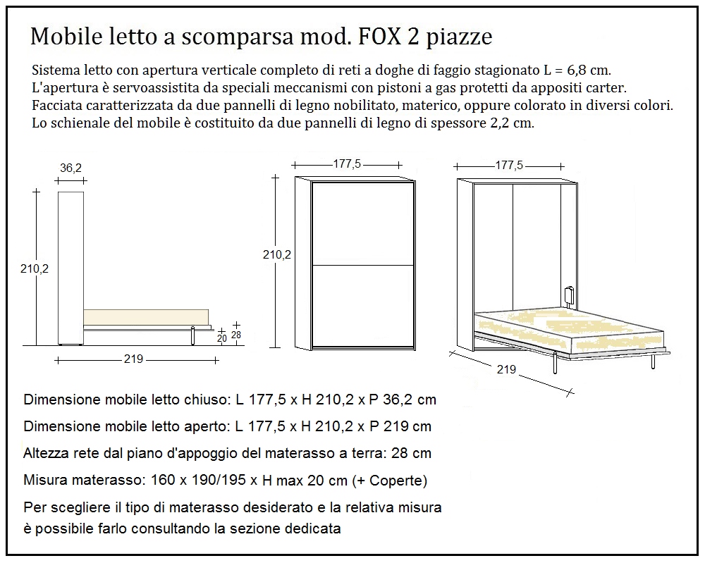 scheda tecnica letto a scomparsa letti due piazze fox