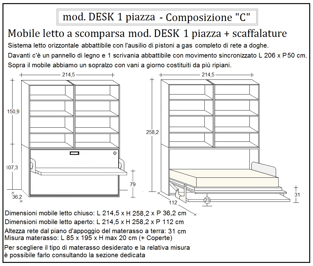 scheda tecnica letto a scomparsa letti una piazza desk composizione c