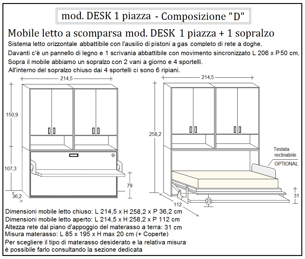 scheda tecnica letto a scomparsa letti una piazza desk composizione d