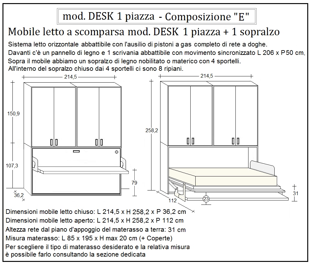 scheda tecnica letto a scomparsa letti una piazza desk composizione e