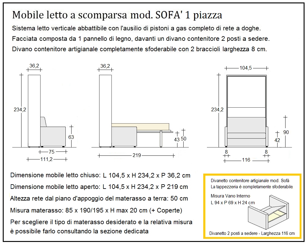 scheda tecnica letto a scomparsa letti una piazza sofà